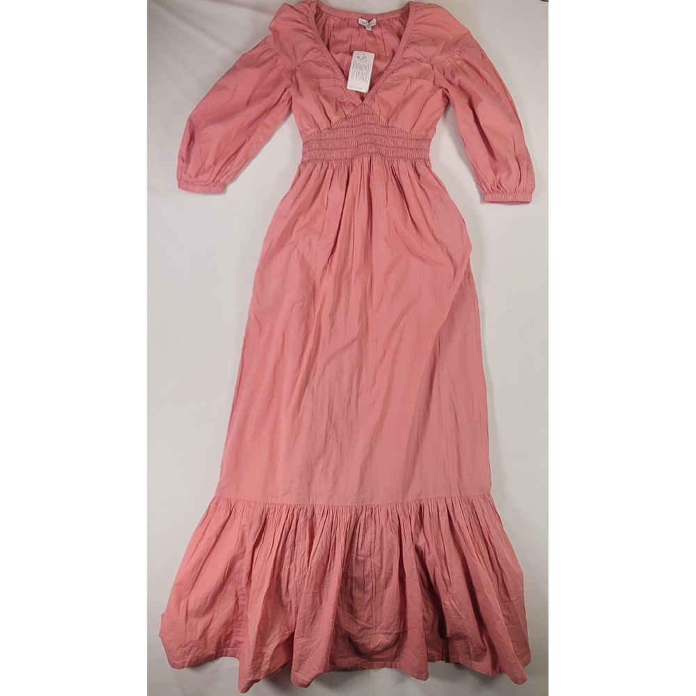 NWT Patrons of Peace Pink Cotton Smocked Maxi Dress Puff Sleeve Size S